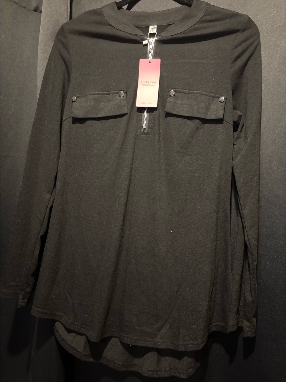 Lucky Brand Black Long Sleeve Henley with Front Zipper and Flap Pockets